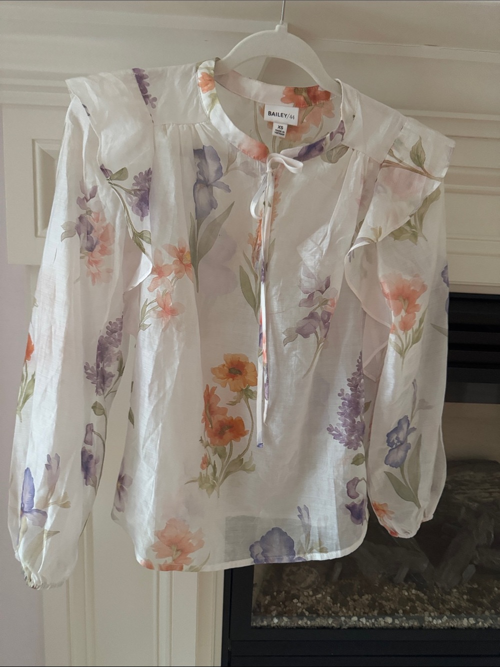 Bailey 44 White Sheer Floral Ruffle Tie-Neck Blouse